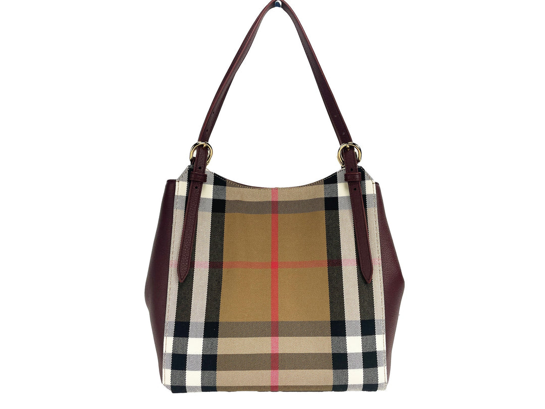  - Burberry Small Canterby Mahogany Leather Check Canvas Tote Bag Purse - 90518 - Ask Me Wear