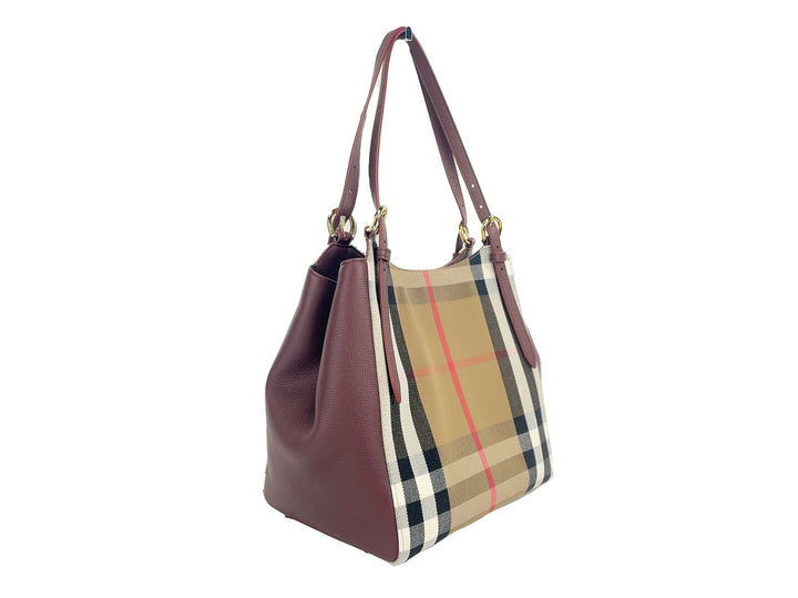  - Burberry Small Canterby Mahogany Leather Check Canvas Tote Bag Purse - 90518 - Ask Me Wear