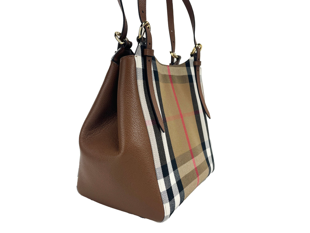  - Burberry Small Canterby Tan Leather Check Canvas Tote Bag Purse - 90488 - Ask Me Wear