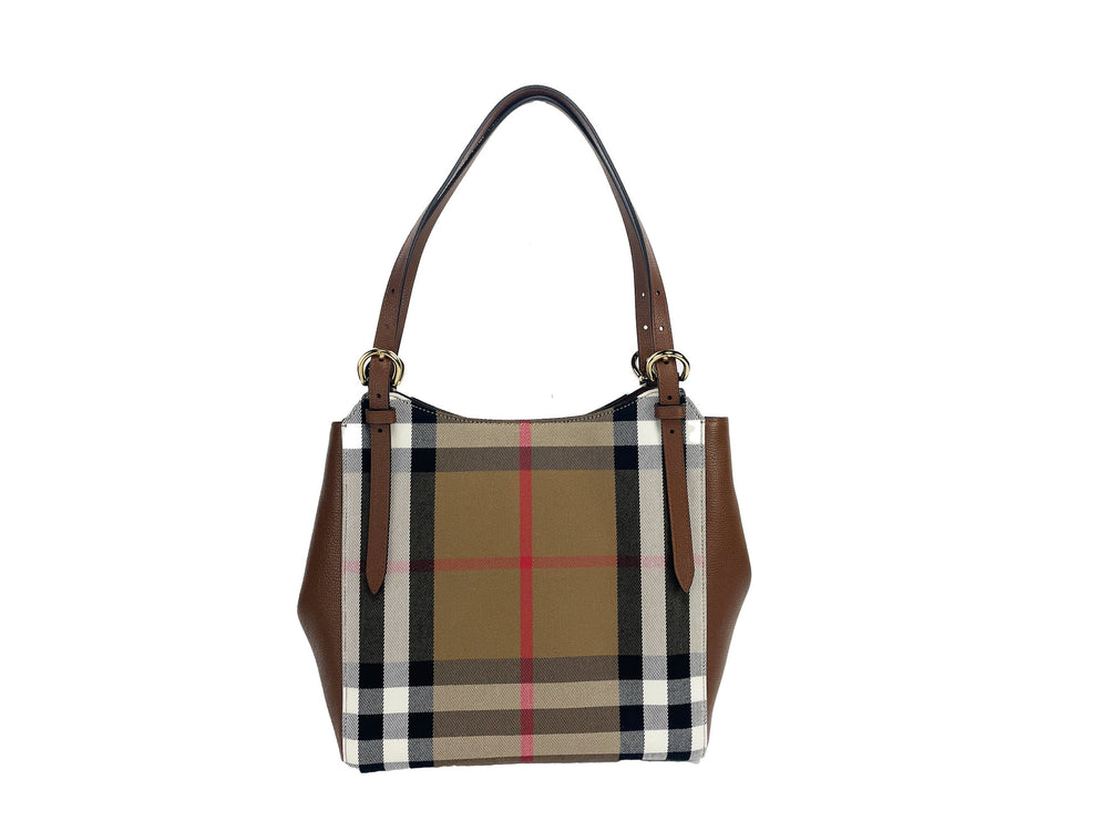  - Burberry Small Canterby Tan Leather Check Canvas Tote Bag Purse - 90488 - Ask Me Wear