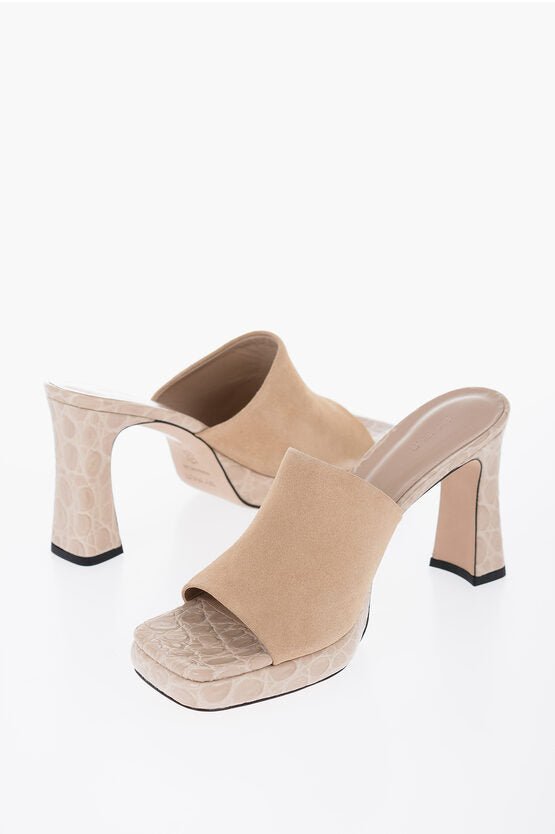 Shoes - By Far Suede BELIZ Mules with Crocodile Effect Details Heel 10cm - 3800977189695 - Ask Me Wear