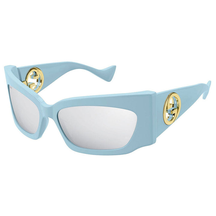 Gucci Geometric Full Rim, with a Light Blue frame and Silver Mirror lens.