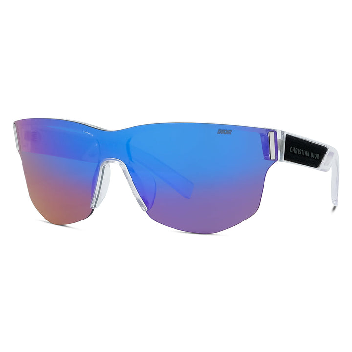 Dior Shield Rimless, with a Crystal frame and Blue with Red Flash lens.