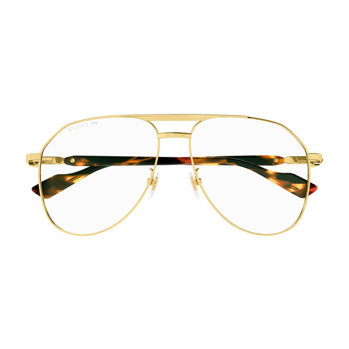 Gucci Aviator Full Rim, with a Gold frame and Transparent To Brown Photochromic lens.