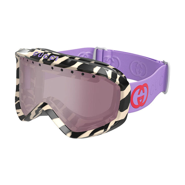 Gucci Shield Full Rim, with a Zebra Black And Ivory frame and Burgundy with Silver Mirror lens.