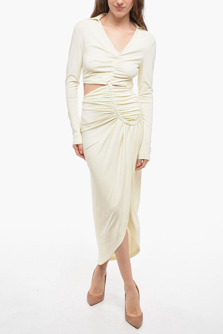 Off-White Crepe Draped Dress with Pointed Collar