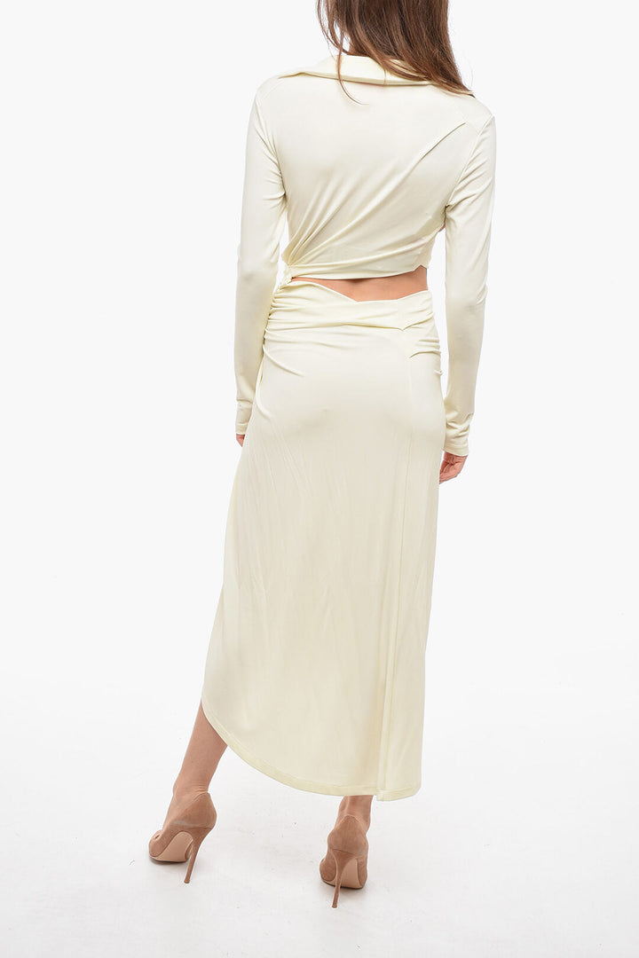 Off-White Crepe Draped Dress with Pointed Collar