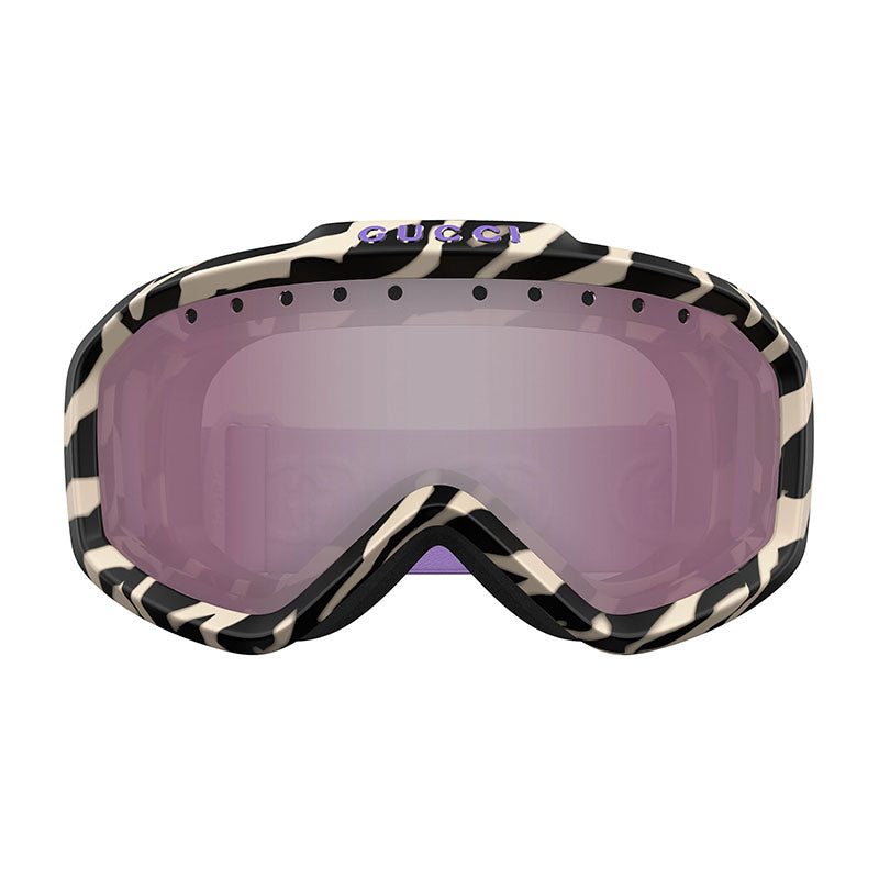 Gucci Shield Full Rim, with a Zebra Black And Ivory frame and Burgundy with Silver Mirror lens.