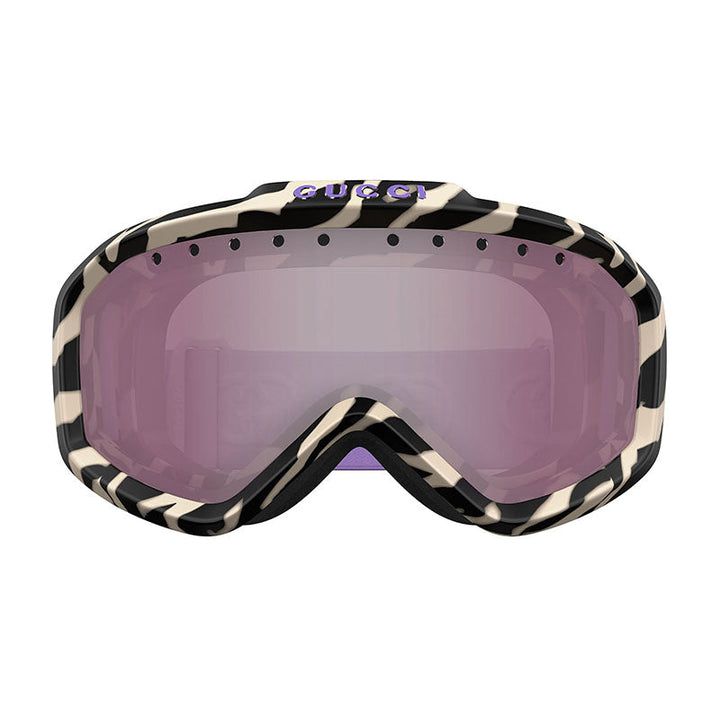 Gucci Shield Full Rim, with a Zebra Black And Ivory frame and Burgundy with Silver Mirror lens.