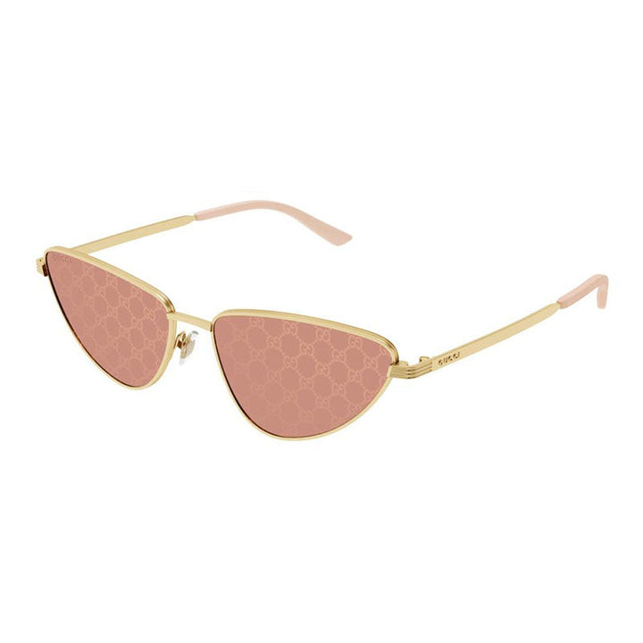 Gucci Cat Eye Full Rim, with a Gold frame and Red with Gucci Logo Pattern Detail lens.