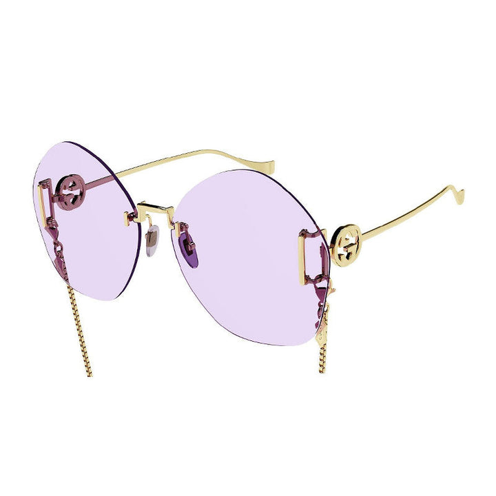 Gucci Geometric Rimless, with a Gold With Detachable Gold Chain frame and Violet lens.