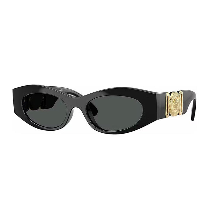 Versace Oval Full Rim, with a Black frame and Dark Grey lens.
