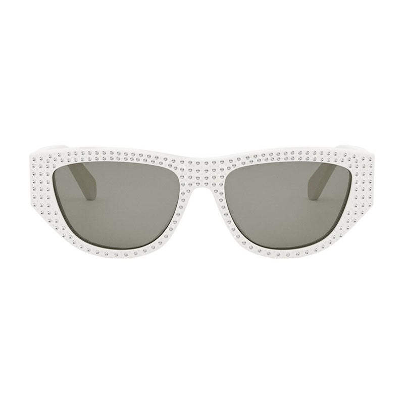 Celine Sunglasses Cat Eye Full Rim, Ivory with Crystal Stud Detail Frame and Grey Lens CL4278US25A