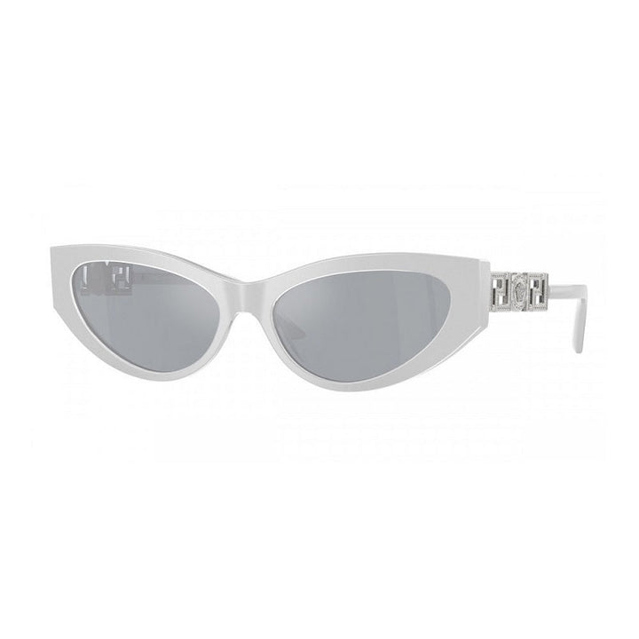 Versace Cat Eye Full Rim, with a Pearl Grey frame and Blue Mirror Silver lens.
