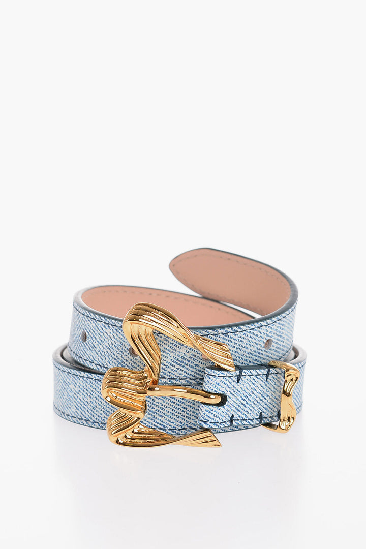 By Far Denim Effect Leather RIBBON Belt with Gold Curled Buckle 20m