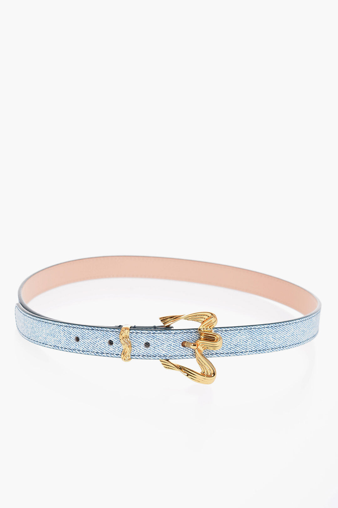 By Far Denim Effect Leather RIBBON Belt with Gold Curled Buckle 20m