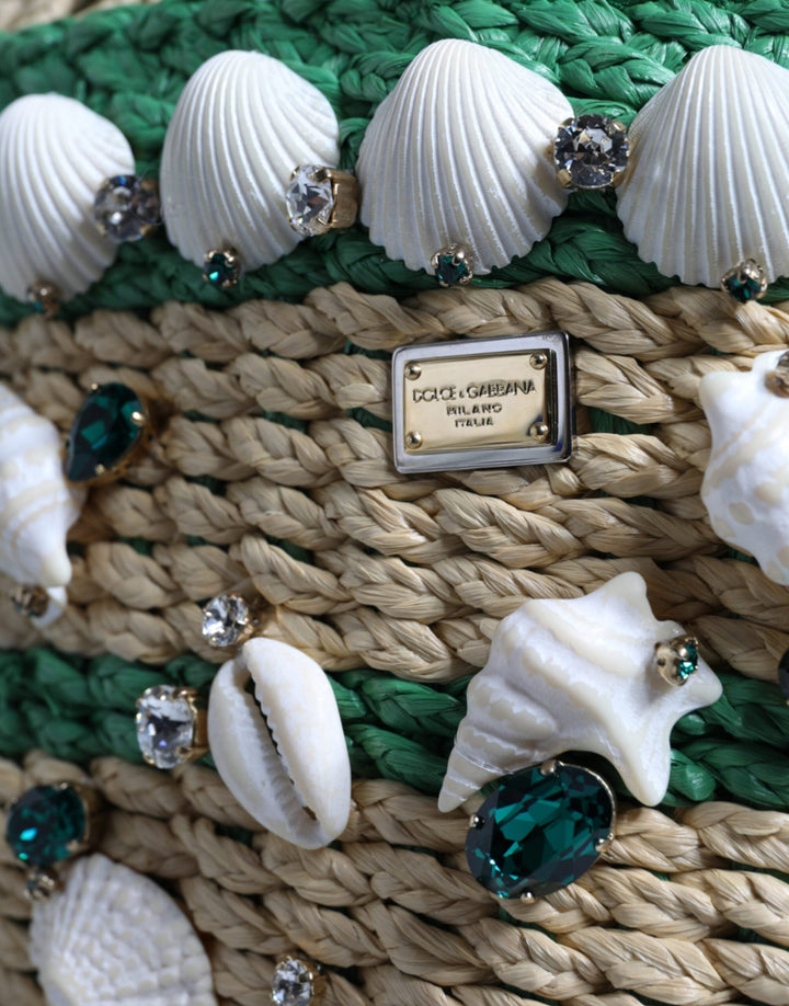  - Dolce & Gabbana Beige Green Rafia Seashells Crystal Bucket Bag - BAG4091 - Ask Me Wear