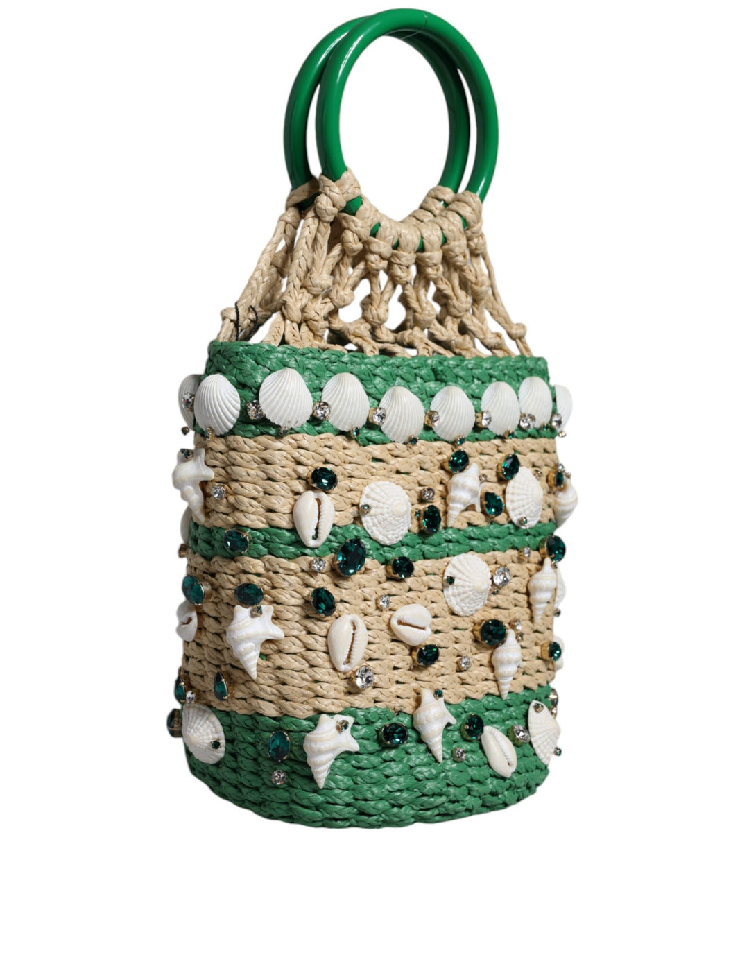  - Dolce & Gabbana Beige Green Rafia Seashells Crystal Bucket Bag - BAG4091 - Ask Me Wear