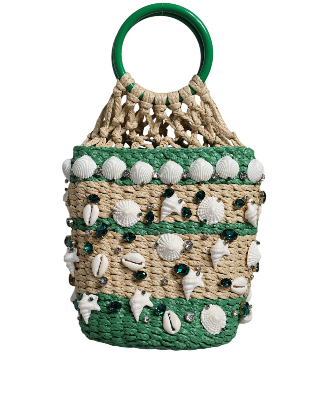  - Dolce & Gabbana Beige Green Rafia Seashells Crystal Bucket Bag - BAG4091 - Ask Me Wear