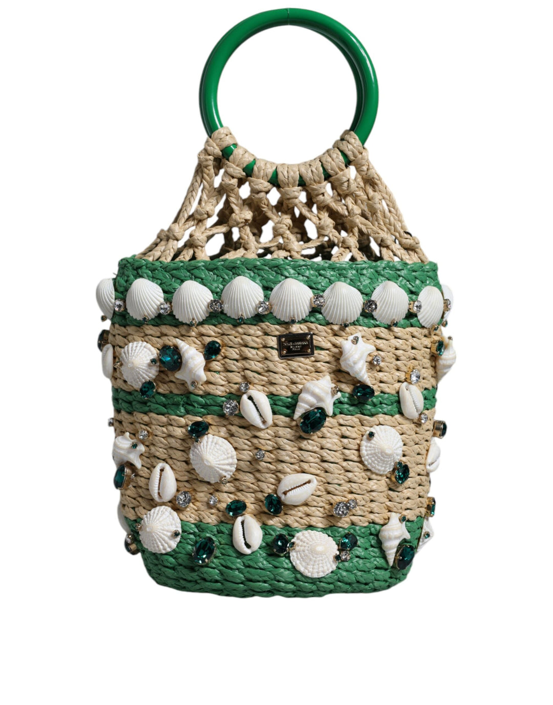  - Dolce & Gabbana Beige Green Rafia Seashells Crystal Bucket Bag - BAG4091 - Ask Me Wear