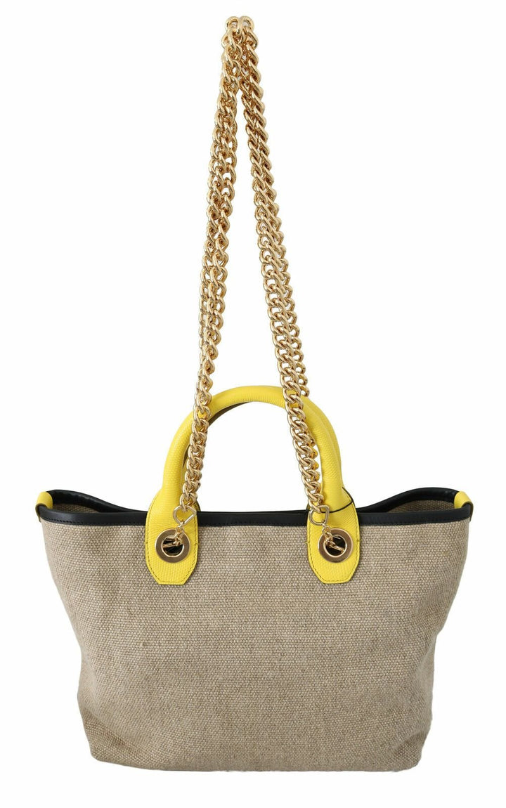  - Dolce & Gabbana Beige Linen - Calf Tote with Gold Chain - VAS8770 - Ask Me Wear