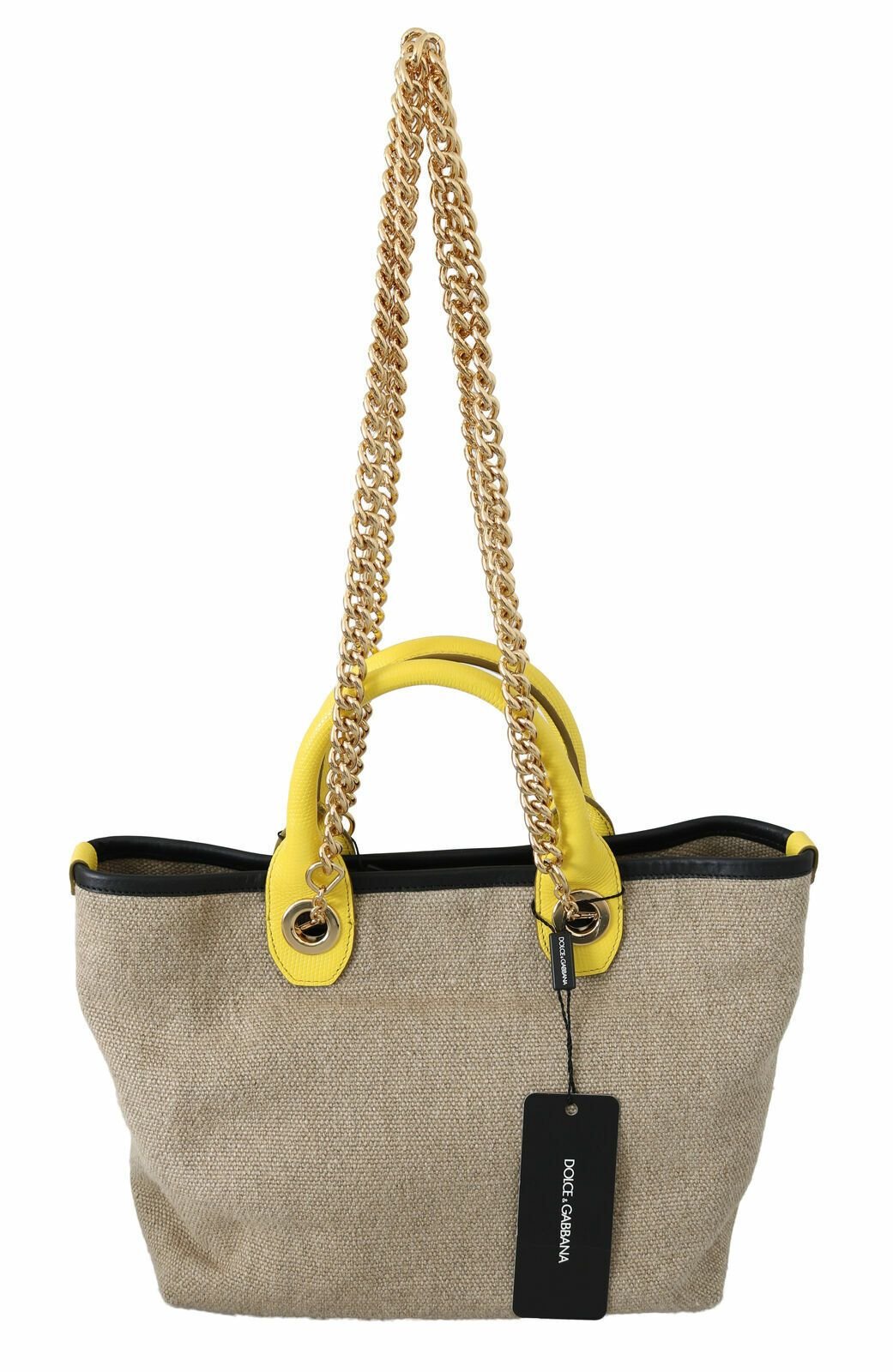  - Dolce & Gabbana Beige Linen - Calf Tote with Gold Chain - VAS8770 - Ask Me Wear