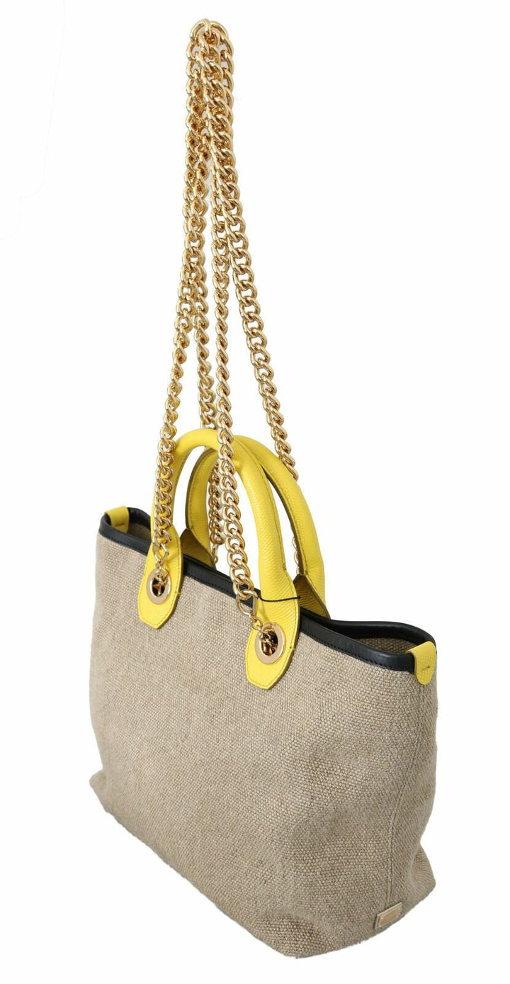  - Dolce & Gabbana Beige Linen - Calf Tote with Gold Chain - VAS8770 - Ask Me Wear