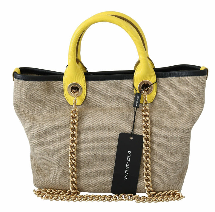  - Dolce & Gabbana Beige Linen - Calf Tote with Gold Chain - VAS8770 - Ask Me Wear