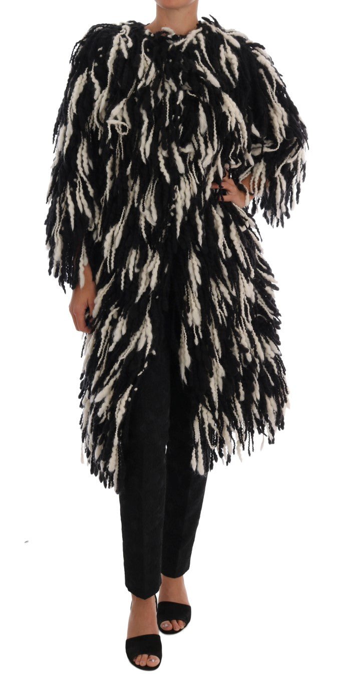  - Dolce & Gabbana Black and White Fringed Wool Coat Jacket - JKT1061 - 2 - Ask Me Wear