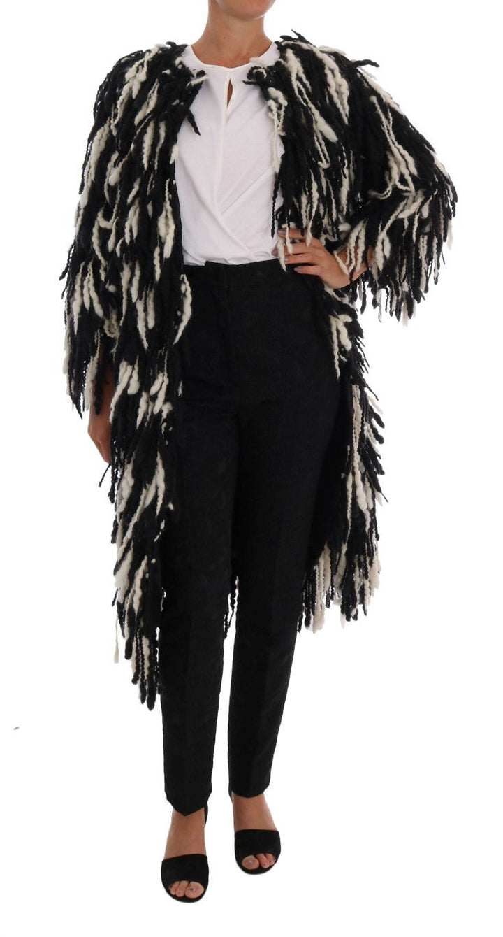  - Dolce & Gabbana Black and White Fringed Wool Coat Jacket - JKT1061 - 2 - Ask Me Wear