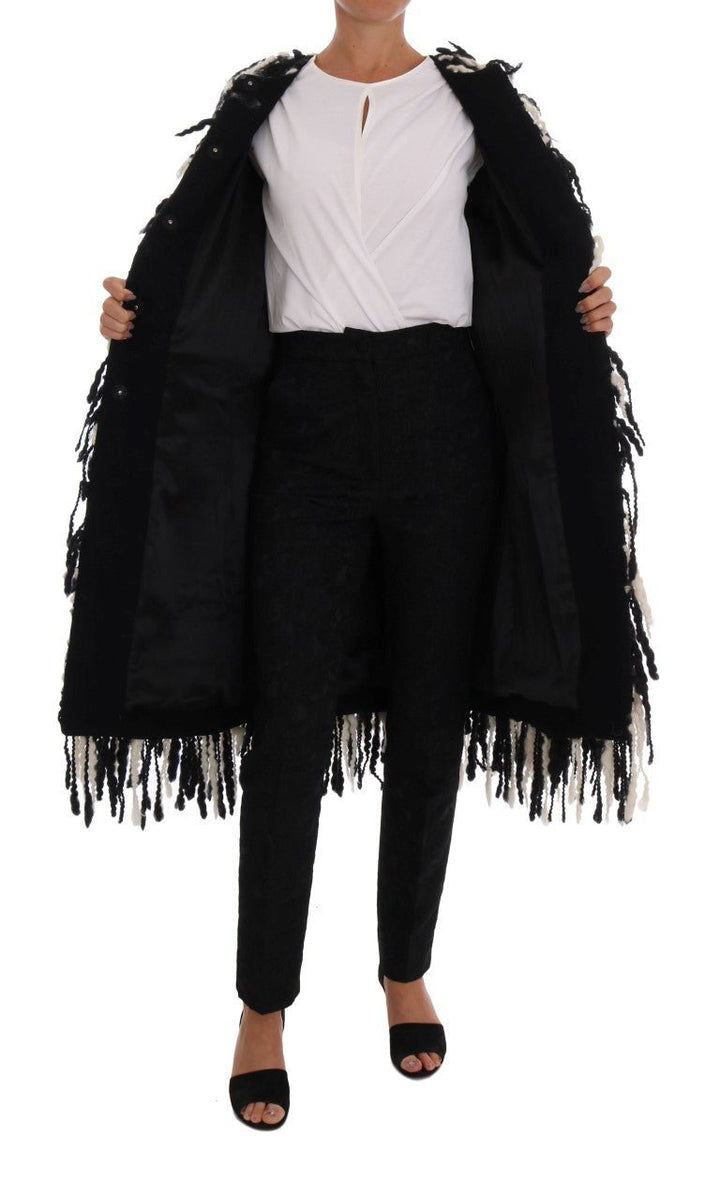  - Dolce & Gabbana Black and White Fringed Wool Coat Jacket - JKT1061 - 2 - Ask Me Wear