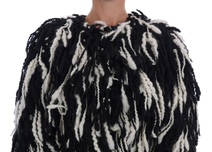  - Dolce & Gabbana Black and White Fringed Wool Coat Jacket - JKT1061 - 2 - Ask Me Wear