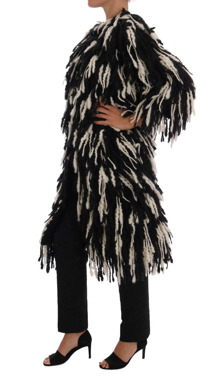  - Dolce & Gabbana Black and White Fringed Wool Coat Jacket - JKT1061 - 2 - Ask Me Wear