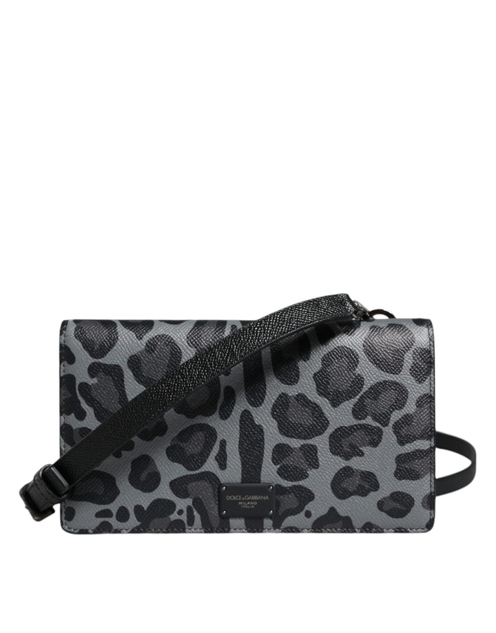  - Dolce & Gabbana Black Gray Leopard Leather Bifold Card Slot Crossbody Bag - BAG4120 - Ask Me Wear