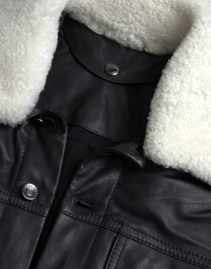  - Dolce & Gabbana Black Leather Fur Collar Biker Coat Jacket - JKT4049 - 46 - Ask Me Wear