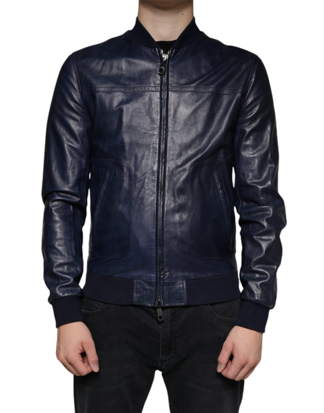  - Dolce & Gabbana Blue Lambskin Leather Full Zip Biker Jacket - JKT4085 - 48 - Ask Me Wear