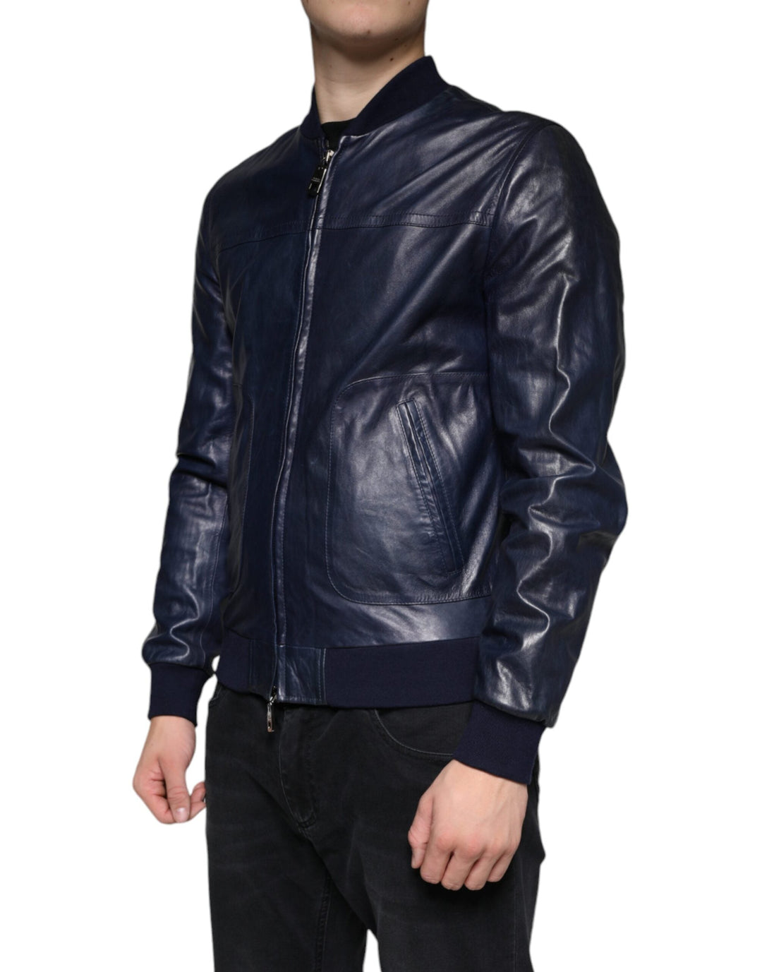  - Dolce & Gabbana Blue Lambskin Leather Full Zip Biker Jacket - JKT4085 - 48 - Ask Me Wear