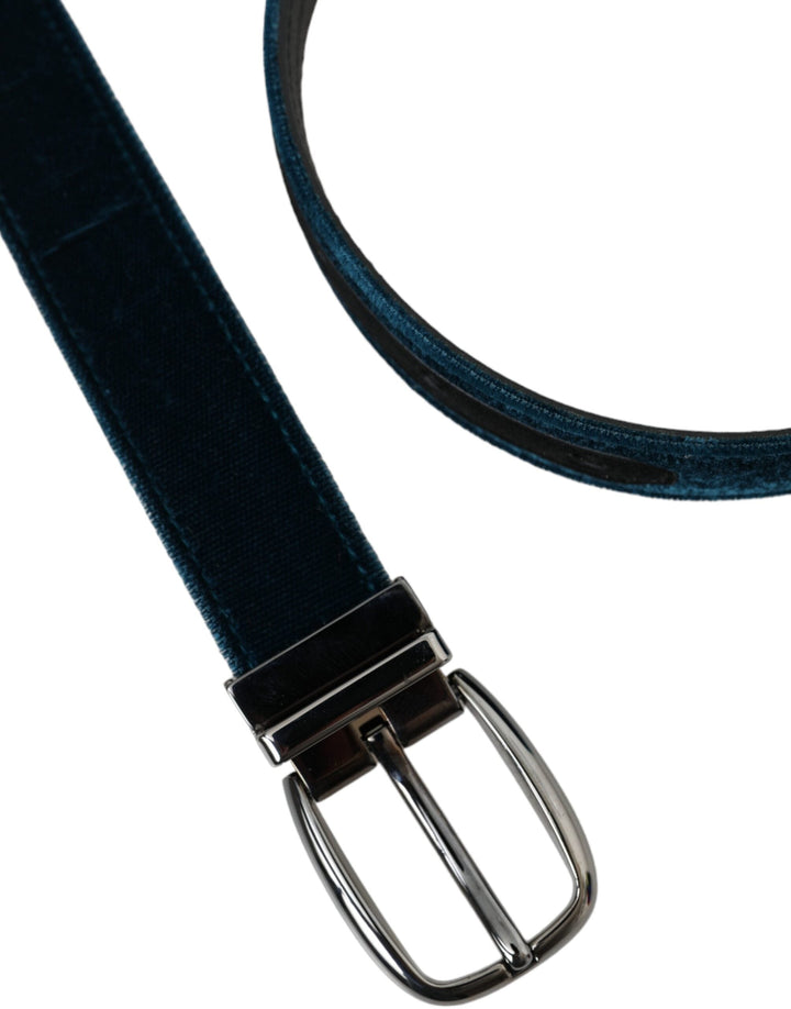  - Dolce & Gabbana Blue Velvet Leather Silver Metal Buckle Belt - BEL9177 - 95 - Ask Me Wear