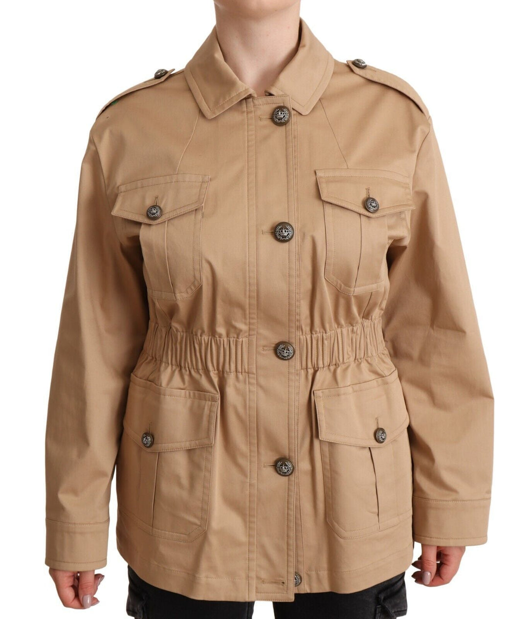  - Dolce & Gabbana Chic Beige Button Down Coat with Embellishments - JKT3056 - 42 - Ask Me Wear