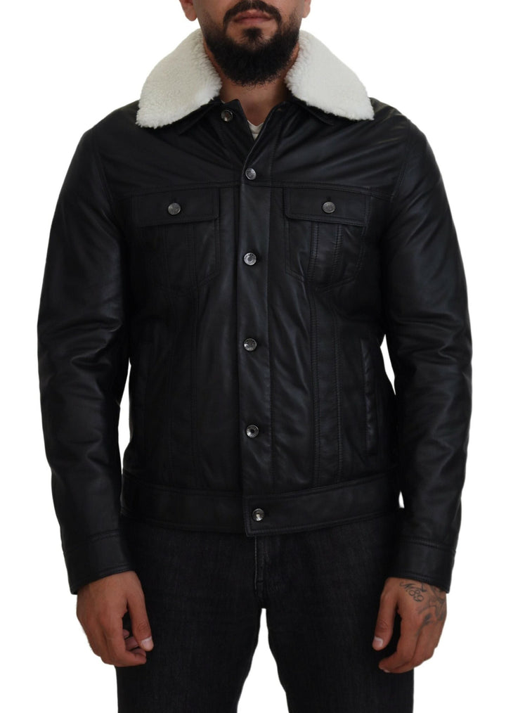  - Dolce & Gabbana Elegant Black Leather Bomber Jacket - JKT3597 - 48 - Ask Me Wear