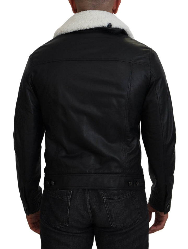  - Dolce & Gabbana Elegant Black Leather Bomber Jacket - JKT3597 - 48 - Ask Me Wear