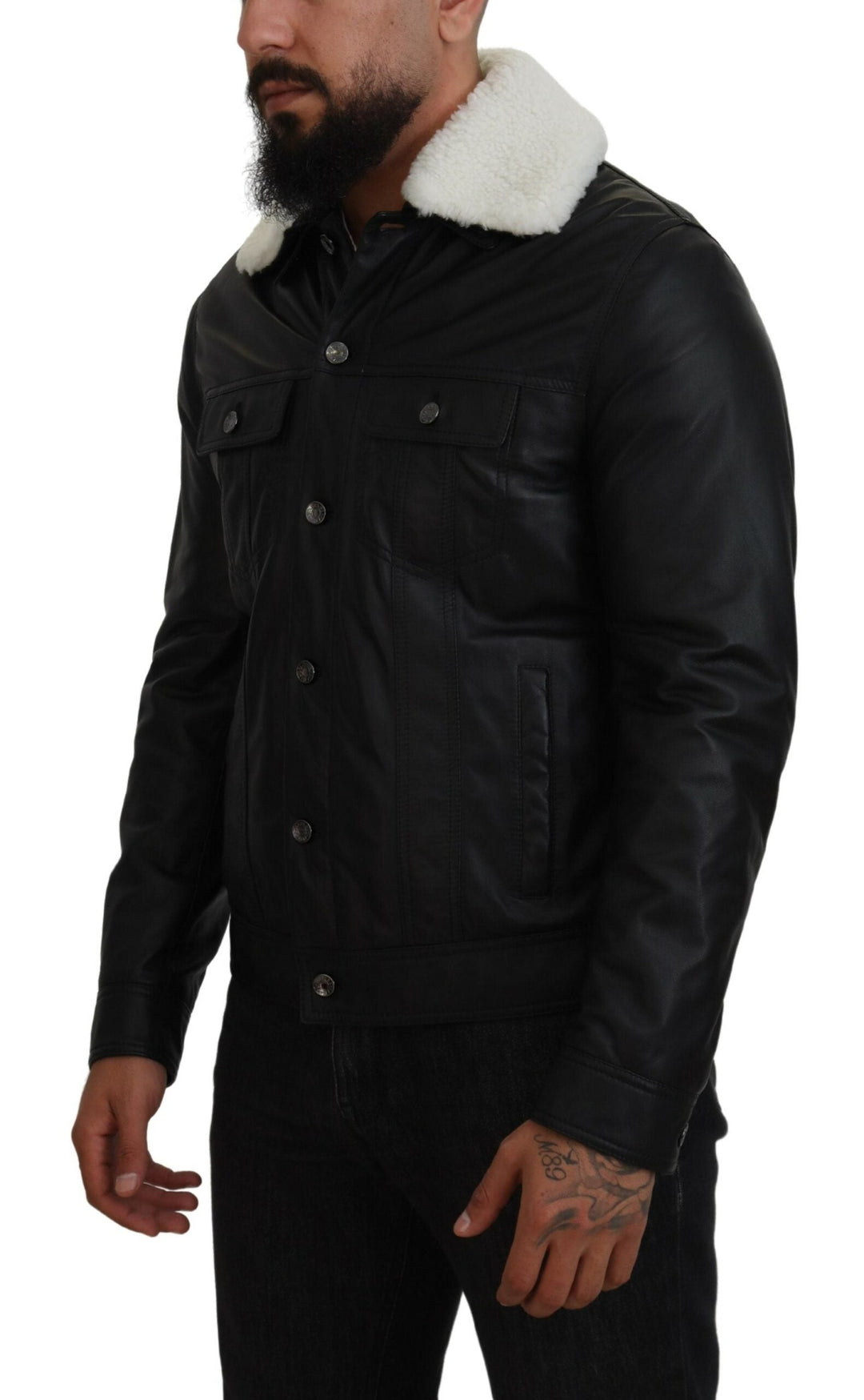  - Dolce & Gabbana Elegant Black Leather Bomber Jacket - JKT3597 - 48 - Ask Me Wear