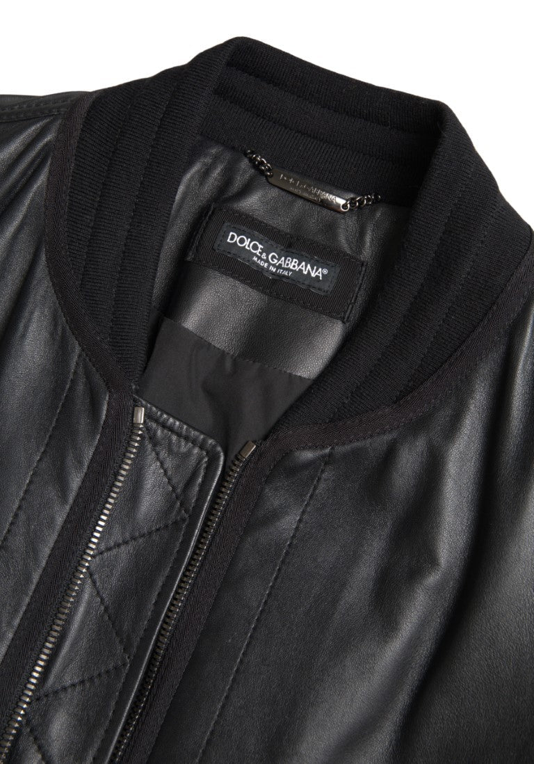  - Dolce & Gabbana Elegant Black Leather Bomber Jacket - JKT3659 - 44 - Ask Me Wear