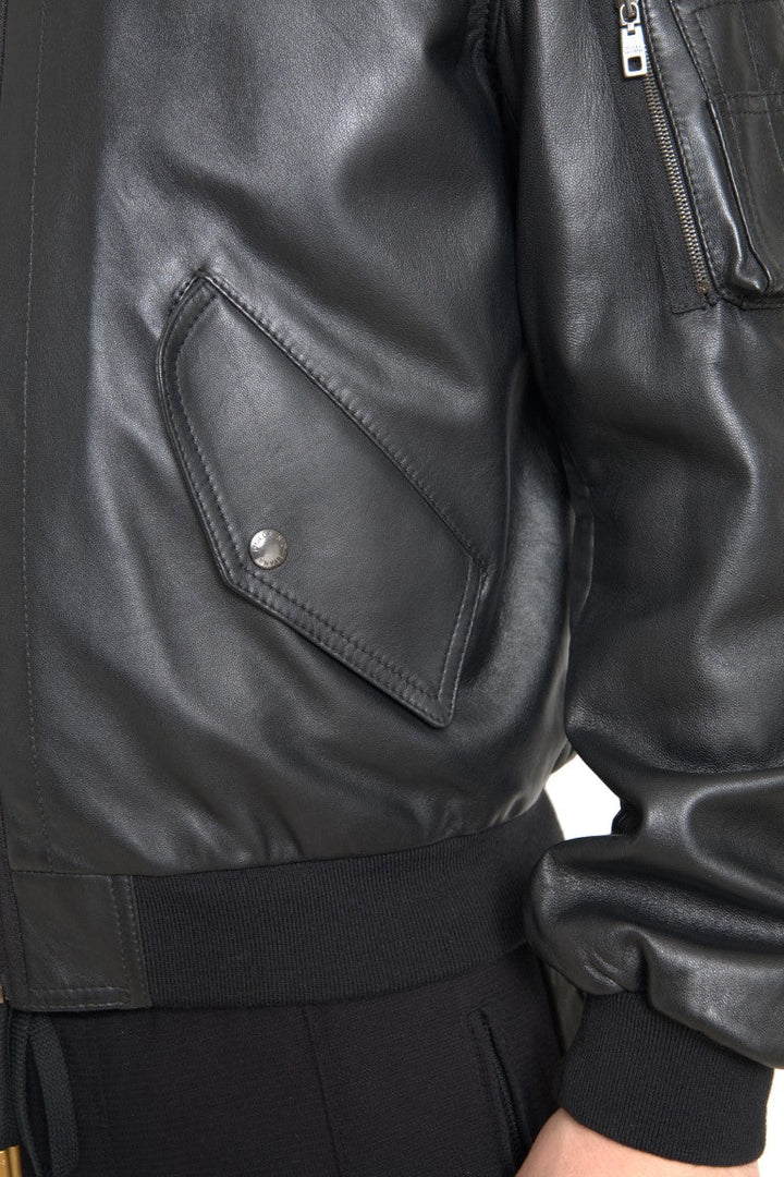  - Dolce & Gabbana Elegant Black Leather Bomber Jacket - JKT3659 - 44 - Ask Me Wear