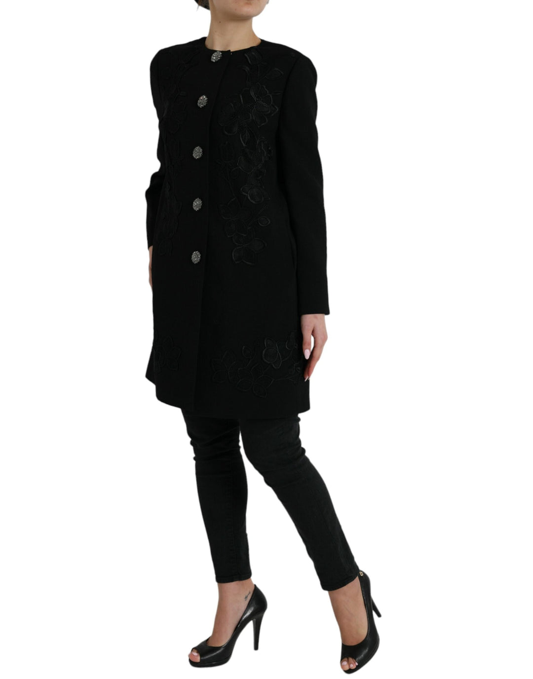  - Dolce & Gabbana Elegant Floral Buttoned Wool Trench Coat - JKT3801 - 38 - Ask Me Wear