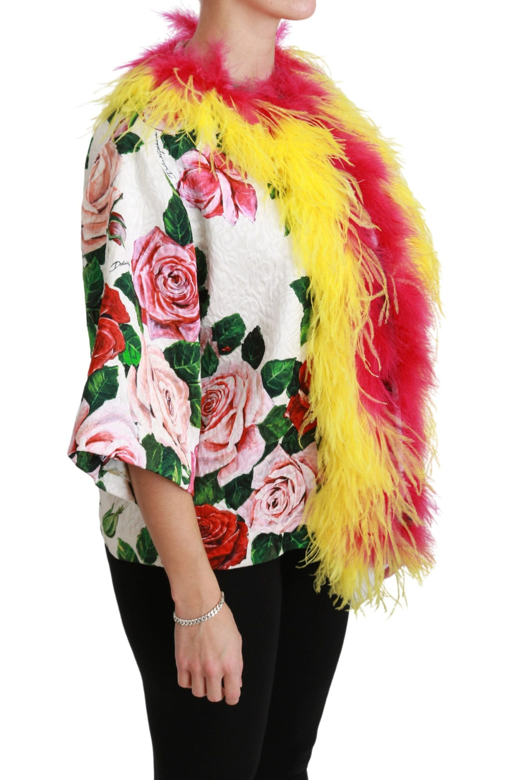  - Dolce & Gabbana Elegant Floral Cape Jacket with Fur Details - JKT2573 - 40 - Ask Me Wear