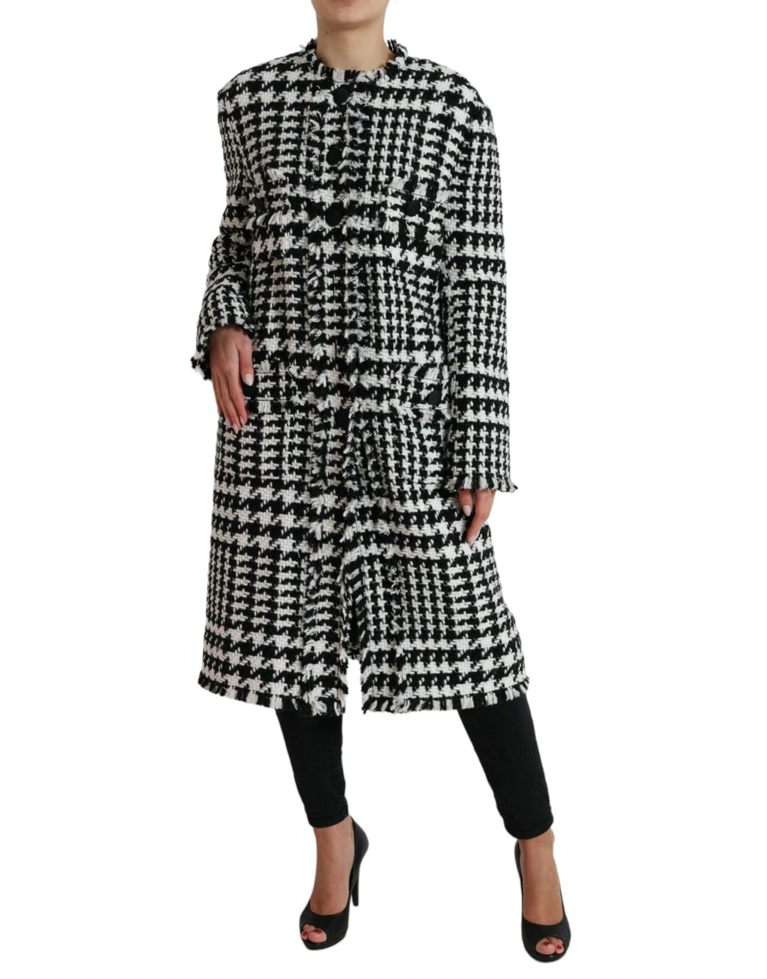  - Dolce & Gabbana Elegant Houndstooth Long Trench Coat - JKT3697 - 40 - Ask Me Wear