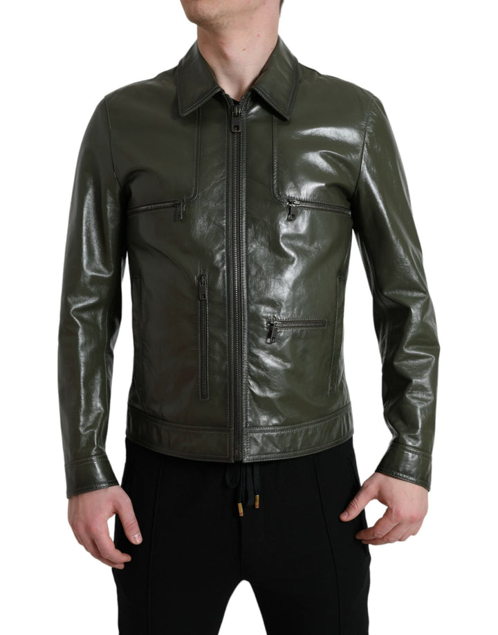  - Dolce & Gabbana Emerald Elegance Leather Biker Jacket - JKT3755 - 50 - Ask Me Wear