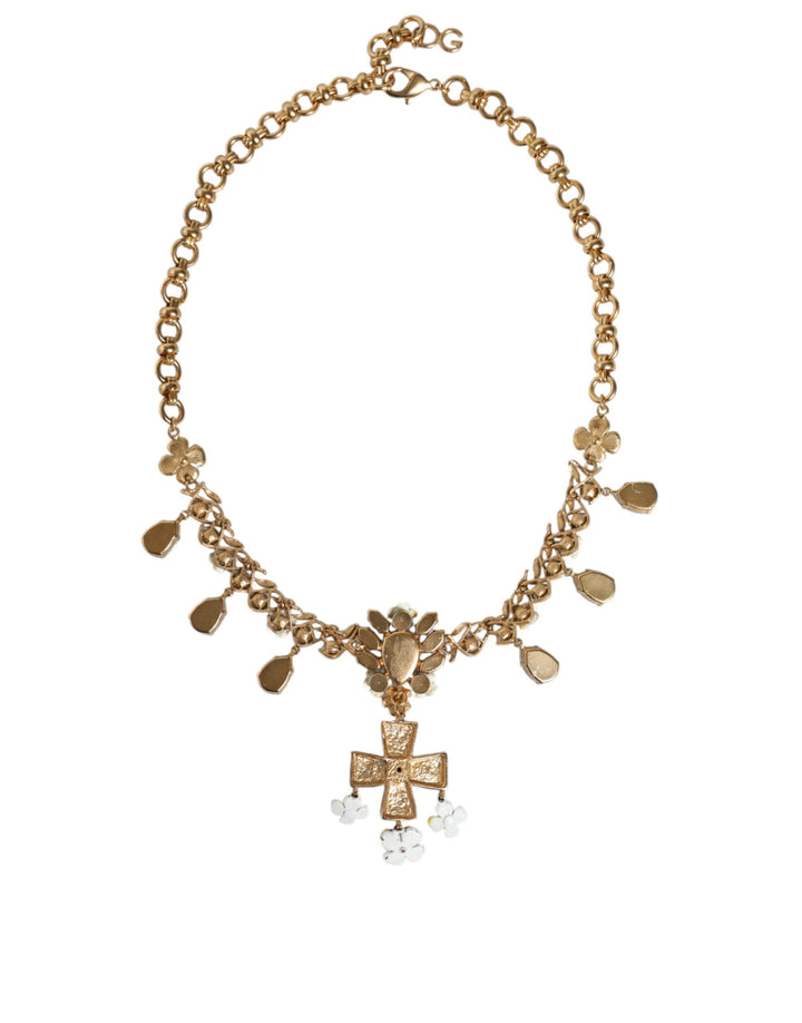  - Dolce & Gabbana Gold Brass Chain Floral Crystal Cross Pendant Necklace - SMY10356 - Ask Me Wear