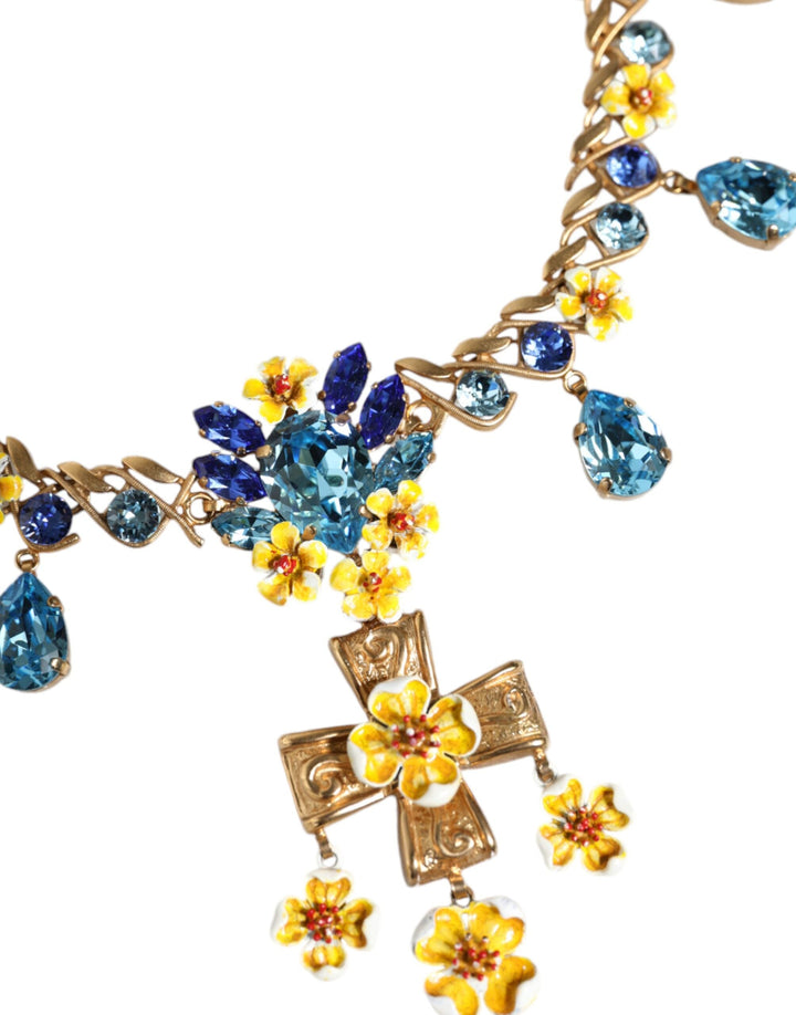  - Dolce & Gabbana Gold Brass Chain Floral Crystal Cross Pendant Necklace - SMY10356 - Ask Me Wear